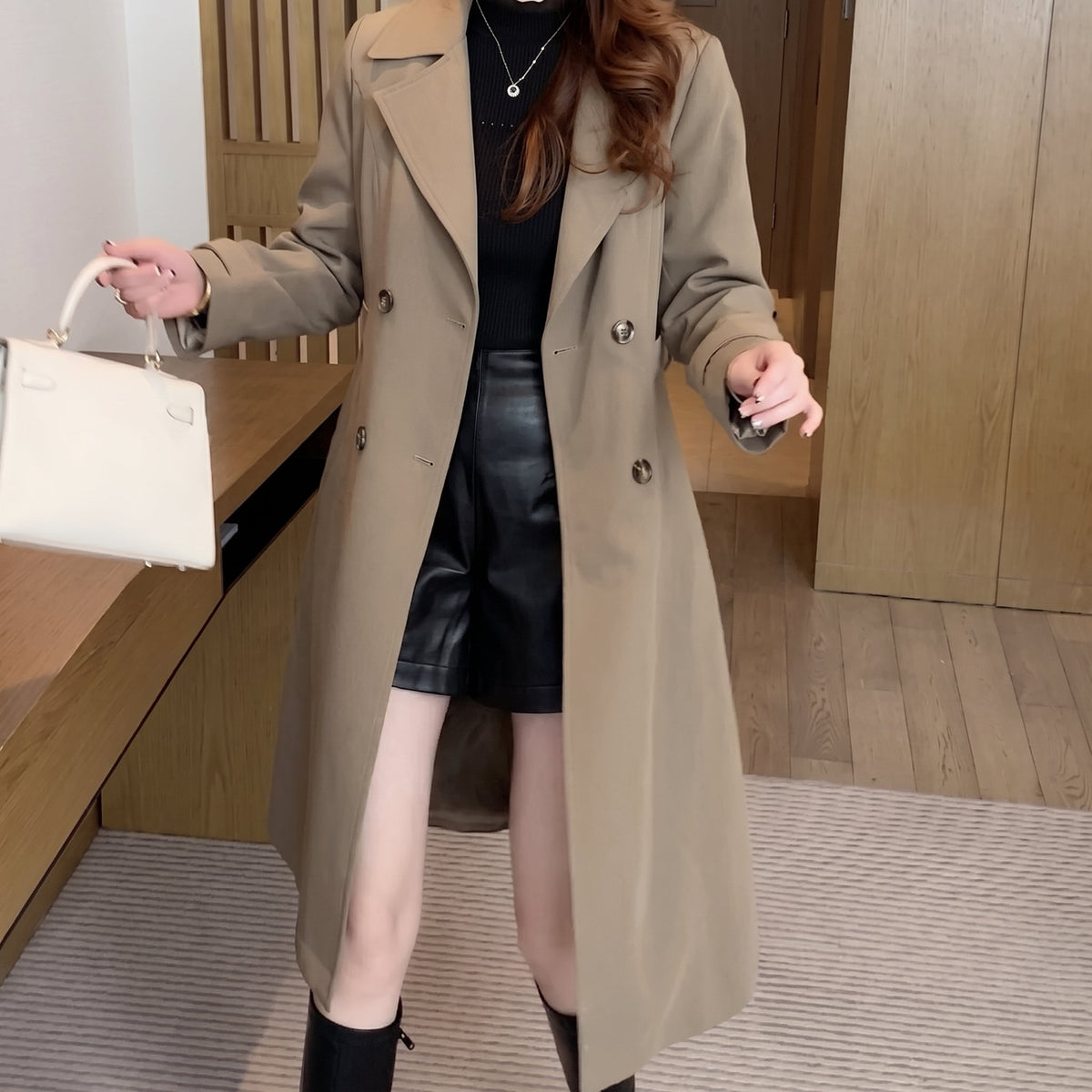 Nadine - Women's Tailored Double-Breasted Trench Coat - Trench Coats - Khaki - Sarvento
