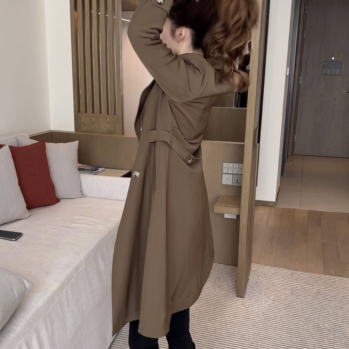 Nadine - Women's Tailored Double-Breasted Trench Coat - Trench Coats - Brown - Sarvento