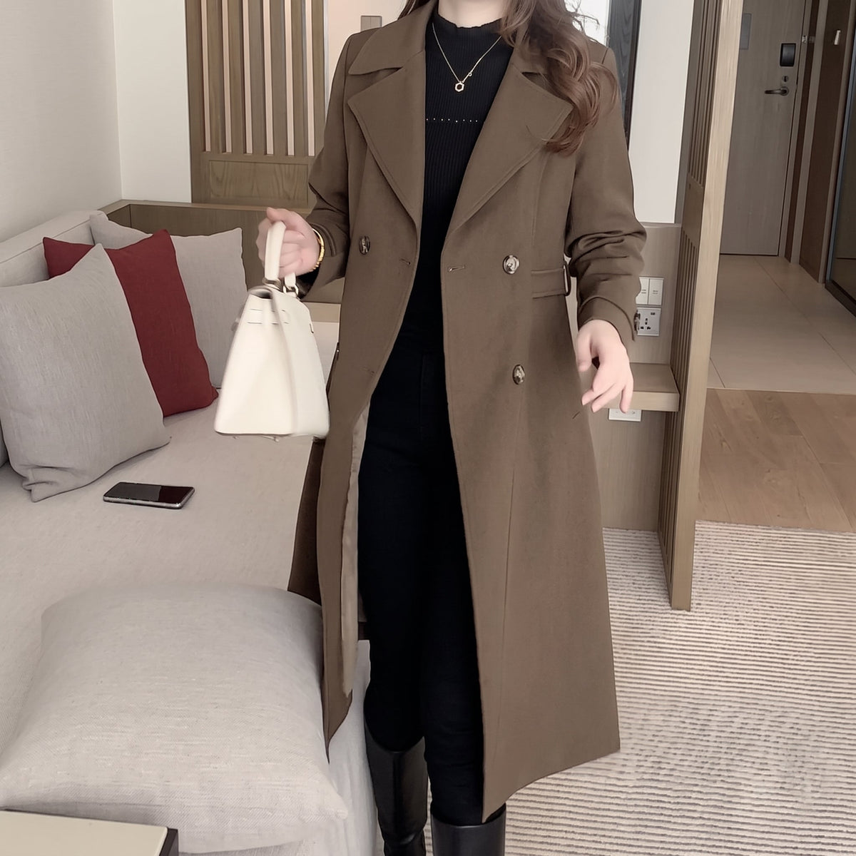 Nadine - Women's Tailored Double-Breasted Trench Coat - Trench Coats - Brown - Sarvento