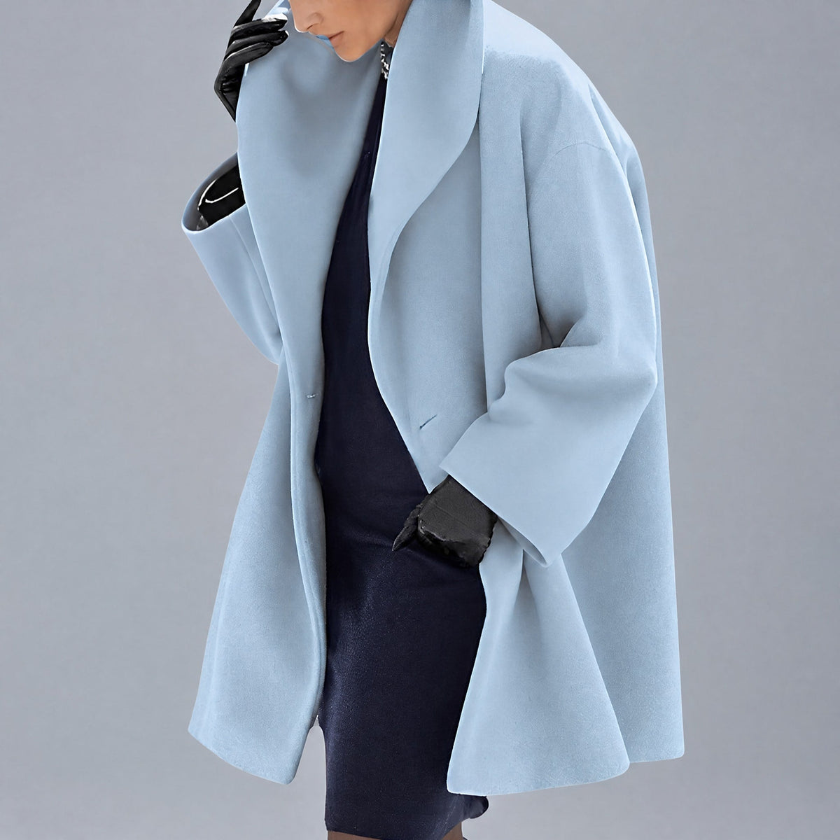 Natalia - Women's Oversized Shawl Collar Longline Coat with Wide Sleeves - Overcoats - Light Blue - Parker&Brooks