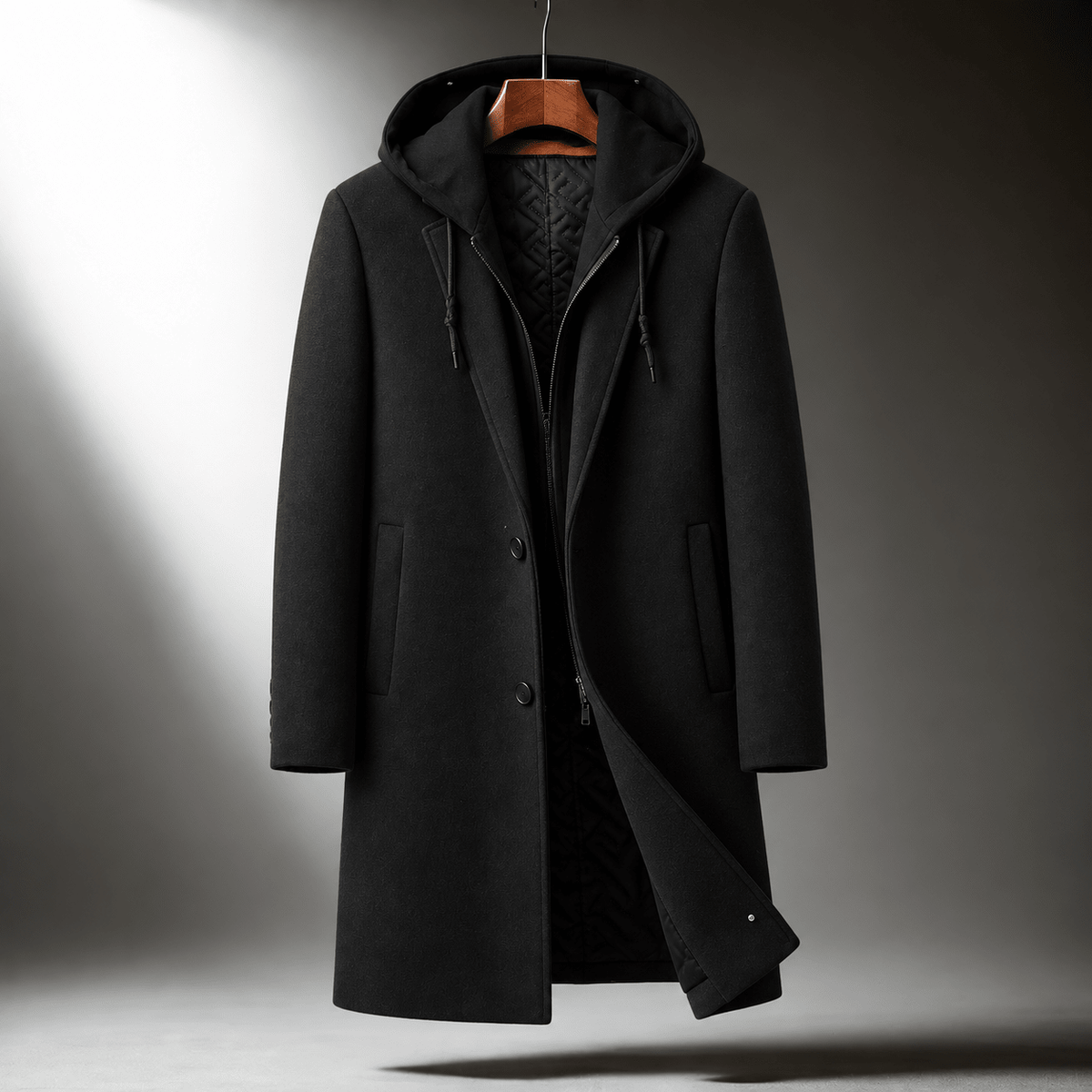 Nathaniel - Men's Hooded Layered Longline Overcoat with Tailored Lapel - Overcoats - Black - Sarvento