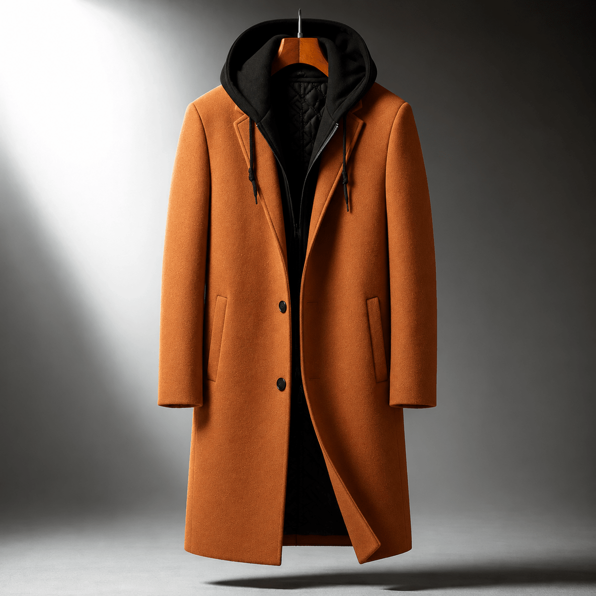 Nathaniel - Men's Hooded Layered Longline Overcoat with Tailored Lapel - Overcoats - Brown - Sarvento