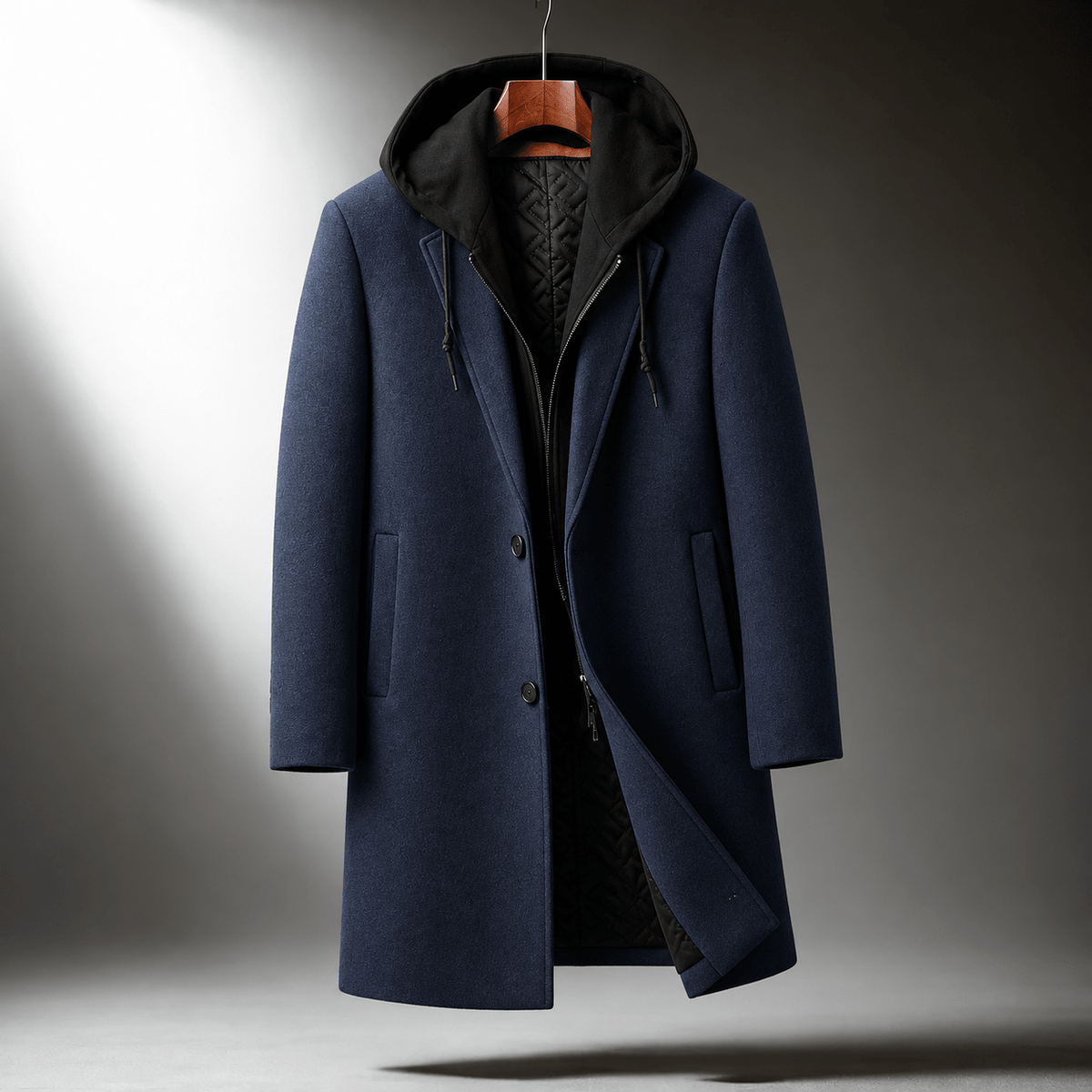 Nathaniel - Men's Hooded Layered Longline Overcoat with Tailored Lapel - Overcoats - Navy - Sarvento