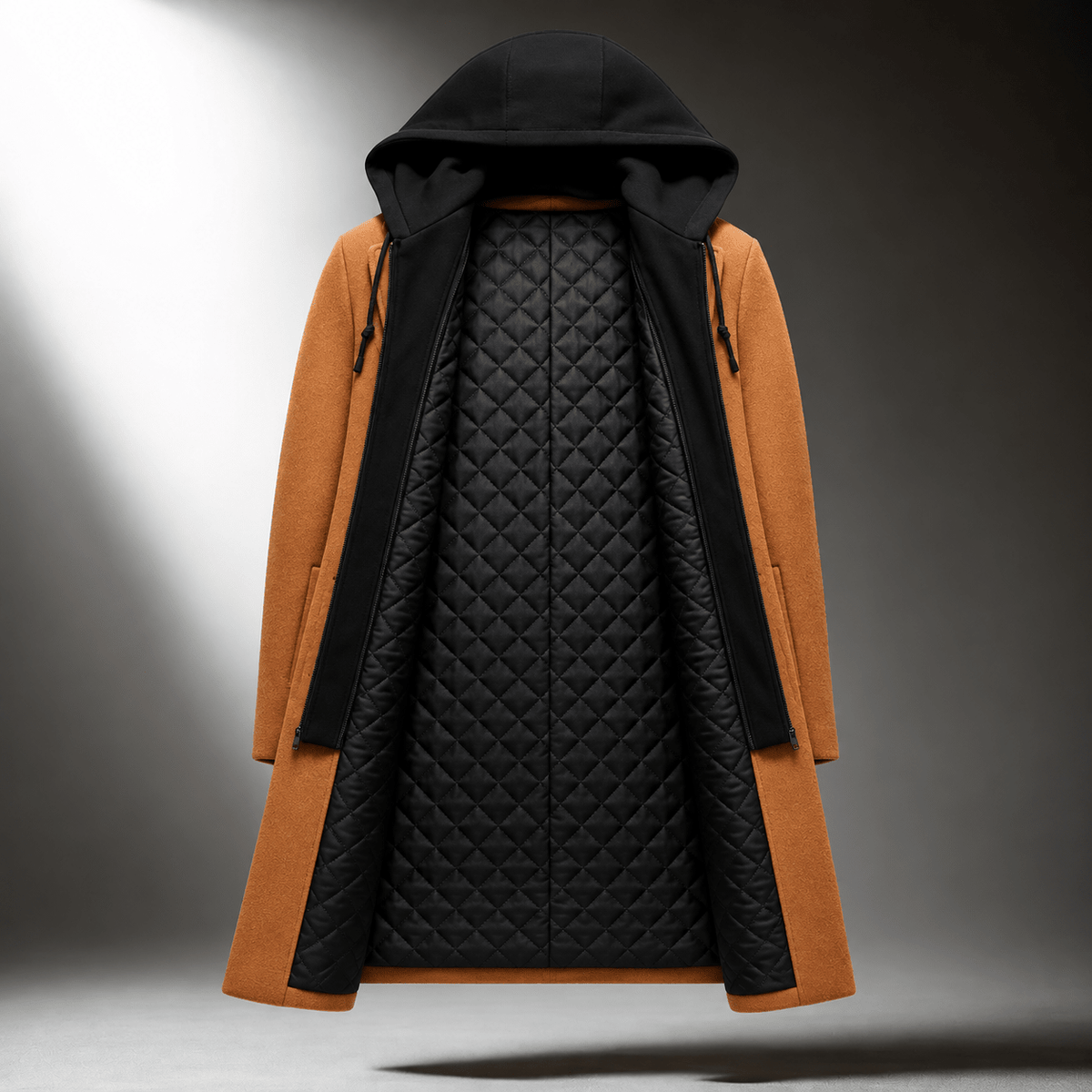 Nathaniel - Men's Hooded Layered Longline Overcoat with Tailored Lapel - Overcoats - Brown - Sarvento