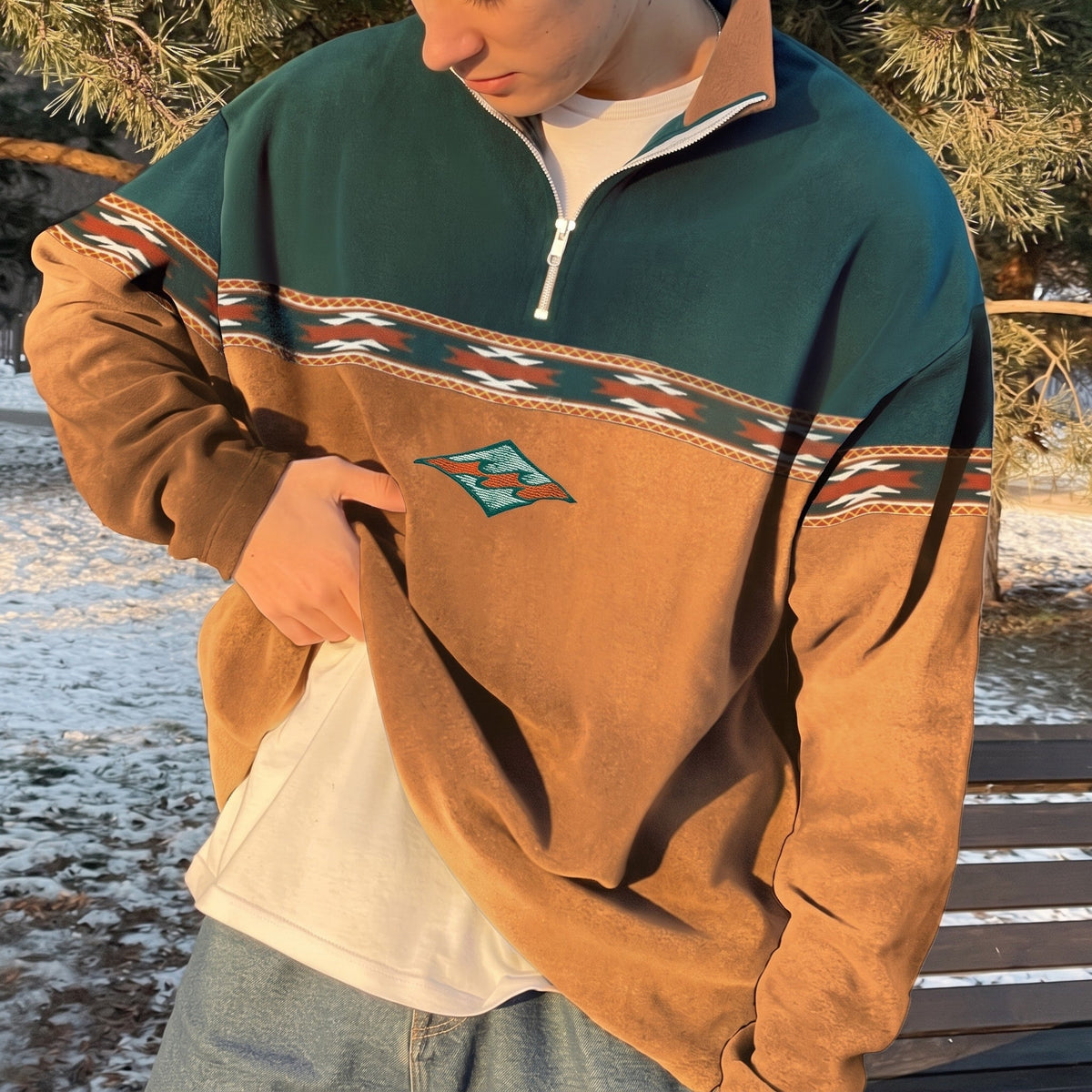 Noah - Men's Quarter-Zip Sweatshirt with Aztec Print Trim - Sweatshirts - Blue - Sarvento