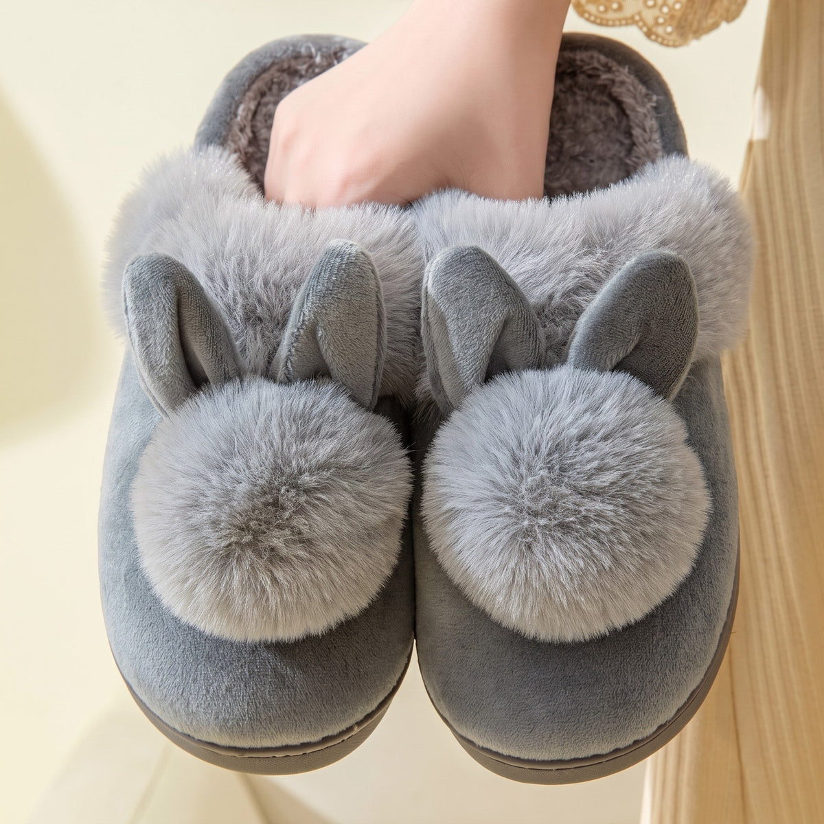 Nola - Women's Orthopedic Bunny Slippers with Pom-Pom Ears and Cushioned Sole - Slippers - Gray - Sarvento