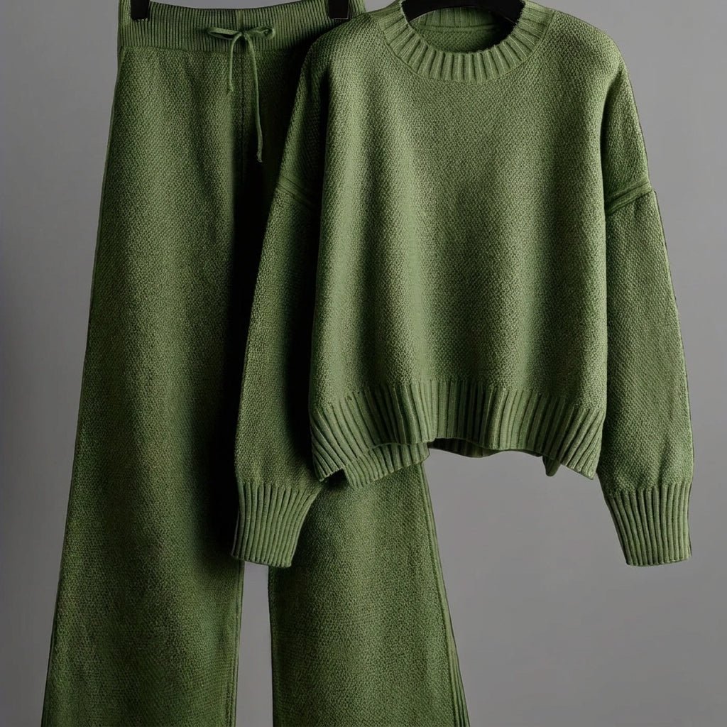 Nora - Women's Boxy Crew Neck Sweater and Wide-Leg Knit Pants Set - Loungewear Sets - Green - Sarvento