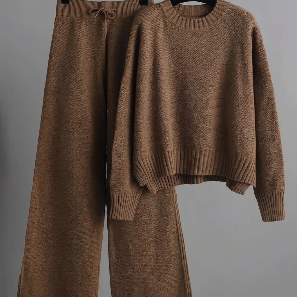 Nora - Women's Boxy Crew Neck Sweater and Wide-Leg Knit Pants Set - Loungewear Sets - Dark Brown - Sarvento