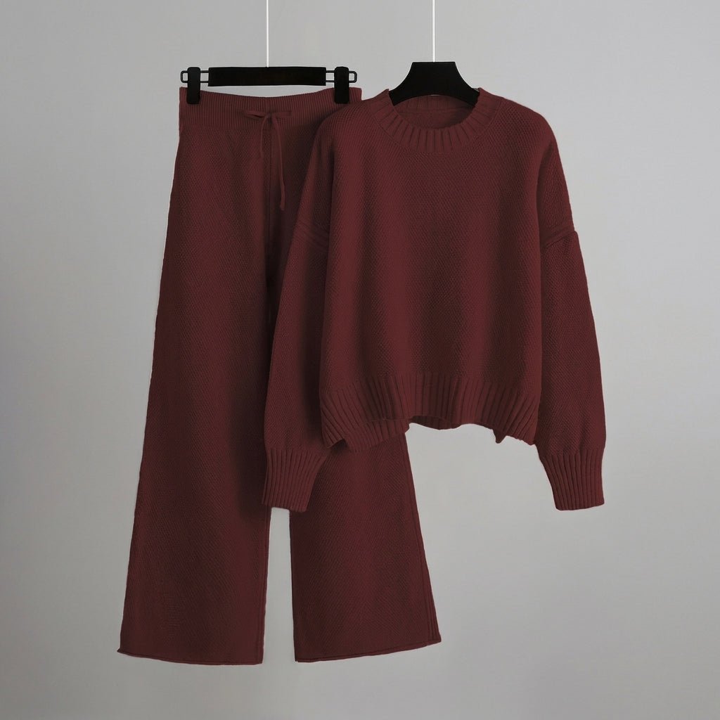 Nora - Women's Boxy Crew Neck Sweater and Wide-Leg Knit Pants Set - Loungewear Sets - Burgundy - Sarvento