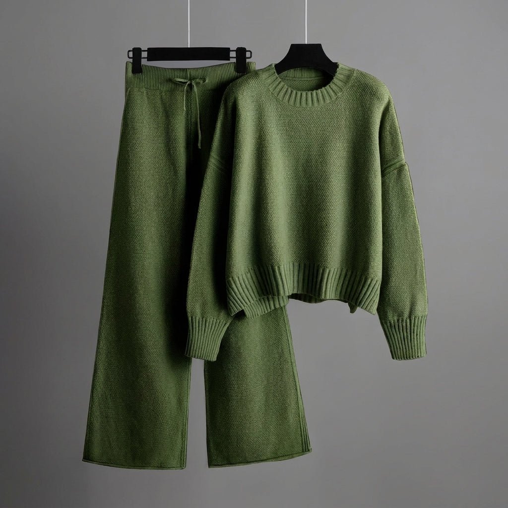 Nora - Women's Boxy Crew Neck Sweater and Wide-Leg Knit Pants Set - Loungewear Sets - Green - Sarvento