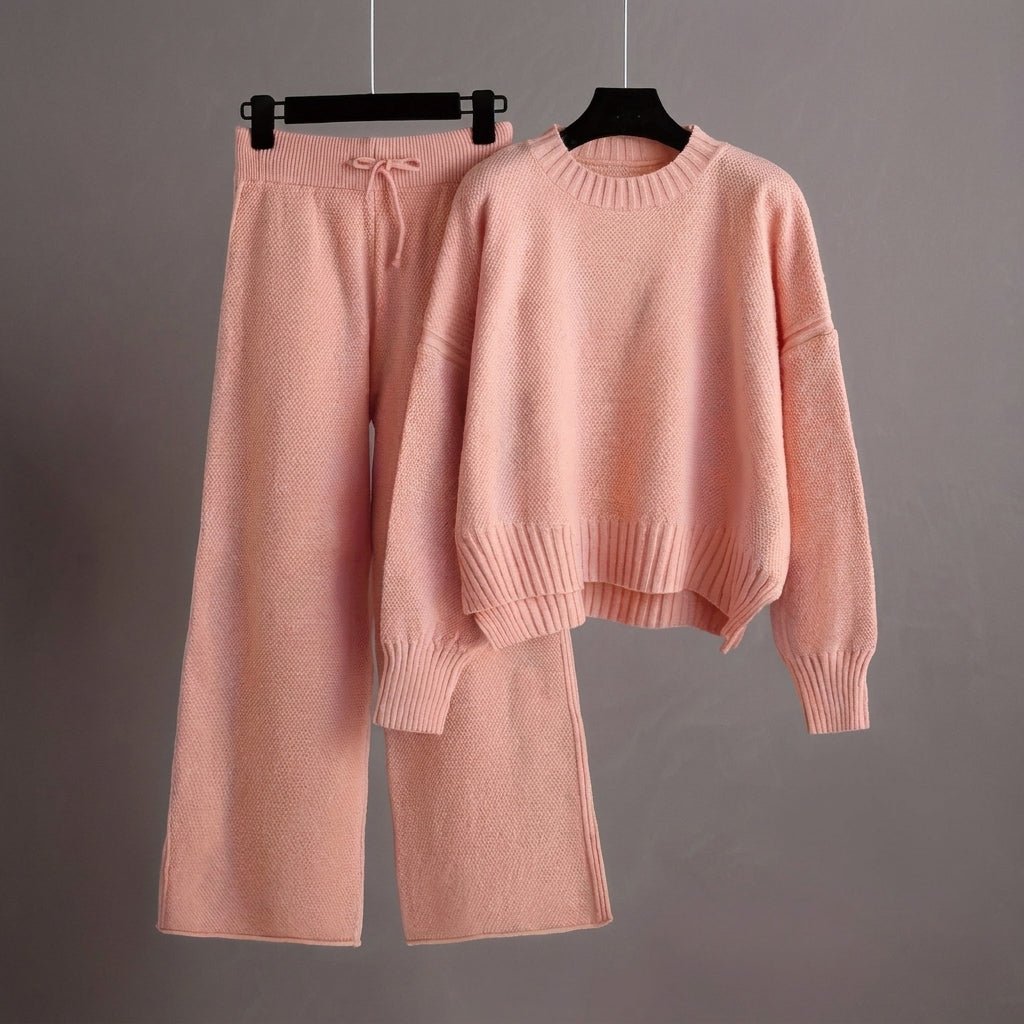 Nora - Women's Boxy Crew Neck Sweater and Wide-Leg Knit Pants Set - Loungewear Sets - Pink - Sarvento