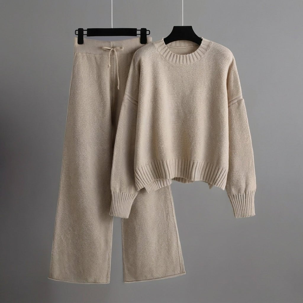 Nora - Women's Boxy Crew Neck Sweater and Wide-Leg Knit Pants Set - Loungewear Sets - Cream - Sarvento