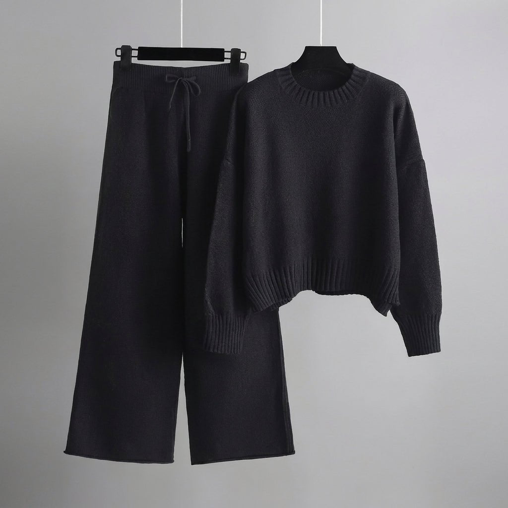 Nora - Women's Boxy Crew Neck Sweater and Wide-Leg Knit Pants Set - Loungewear Sets - Black - Sarvento