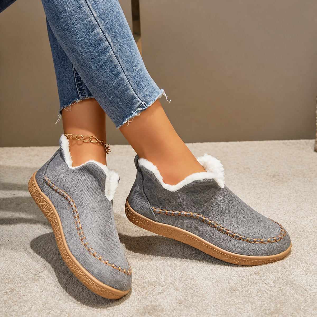 Nora - Women's Orthopedic Slip-On Ankle Boots with Cozy Fleece Lining - Boots - Gray - Sarvento