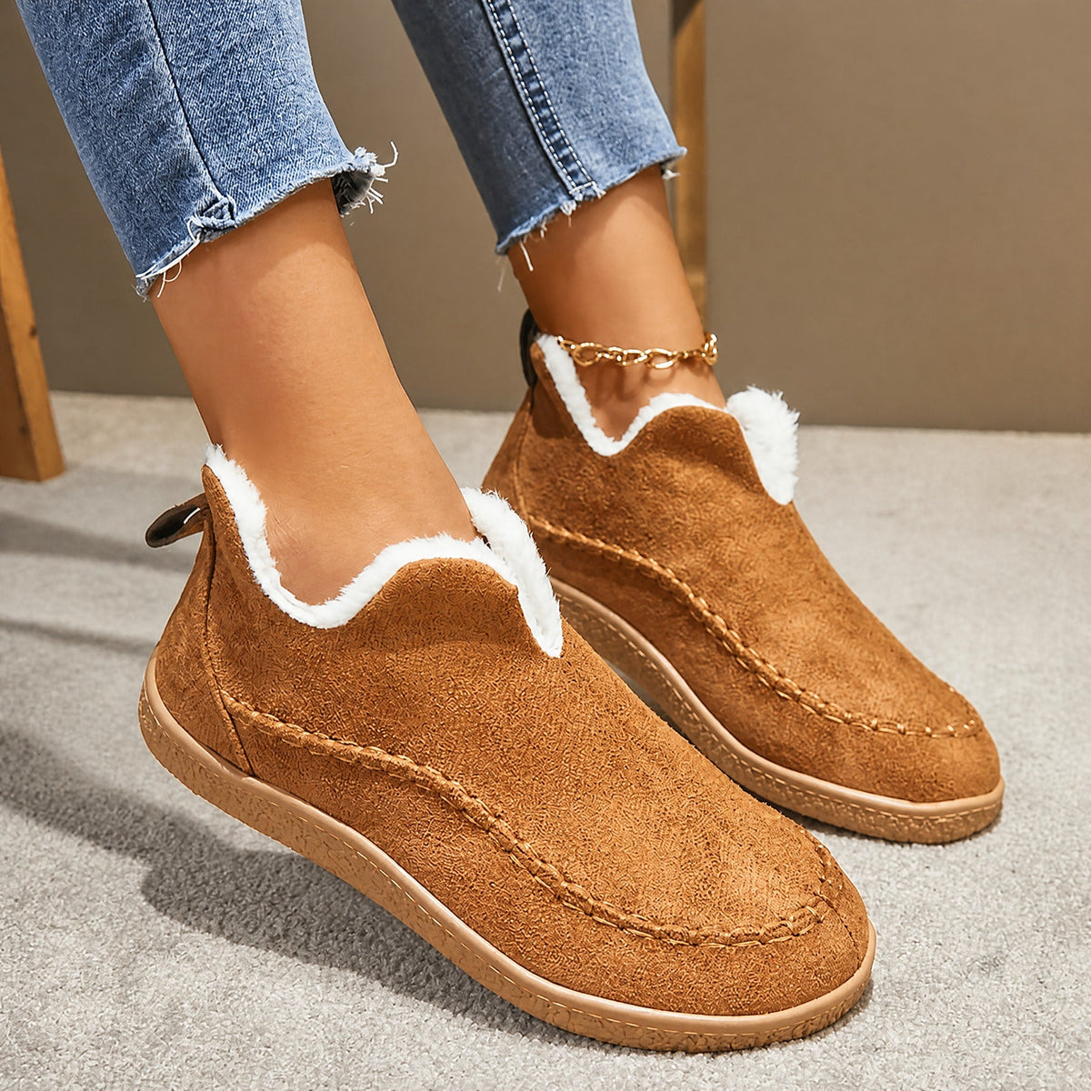 Nora - Women's Orthopedic Slip-On Ankle Boots with Cozy Fleece Lining - Boots - Brown - Sarvento