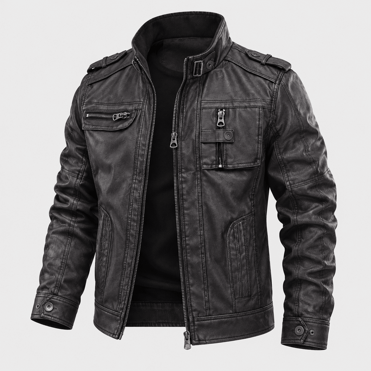 Oliver - Men's Biker Jacket with Stand Collar and Multi-Pocket Zip Detailing - Motorcycle Outerwear - Black - Sarvento