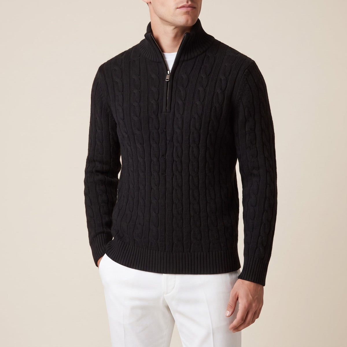 Oliver - Men's Cable Knit Quarter Zip Sweater with Ribbed Collar - Sweaters - Black - Sarvento