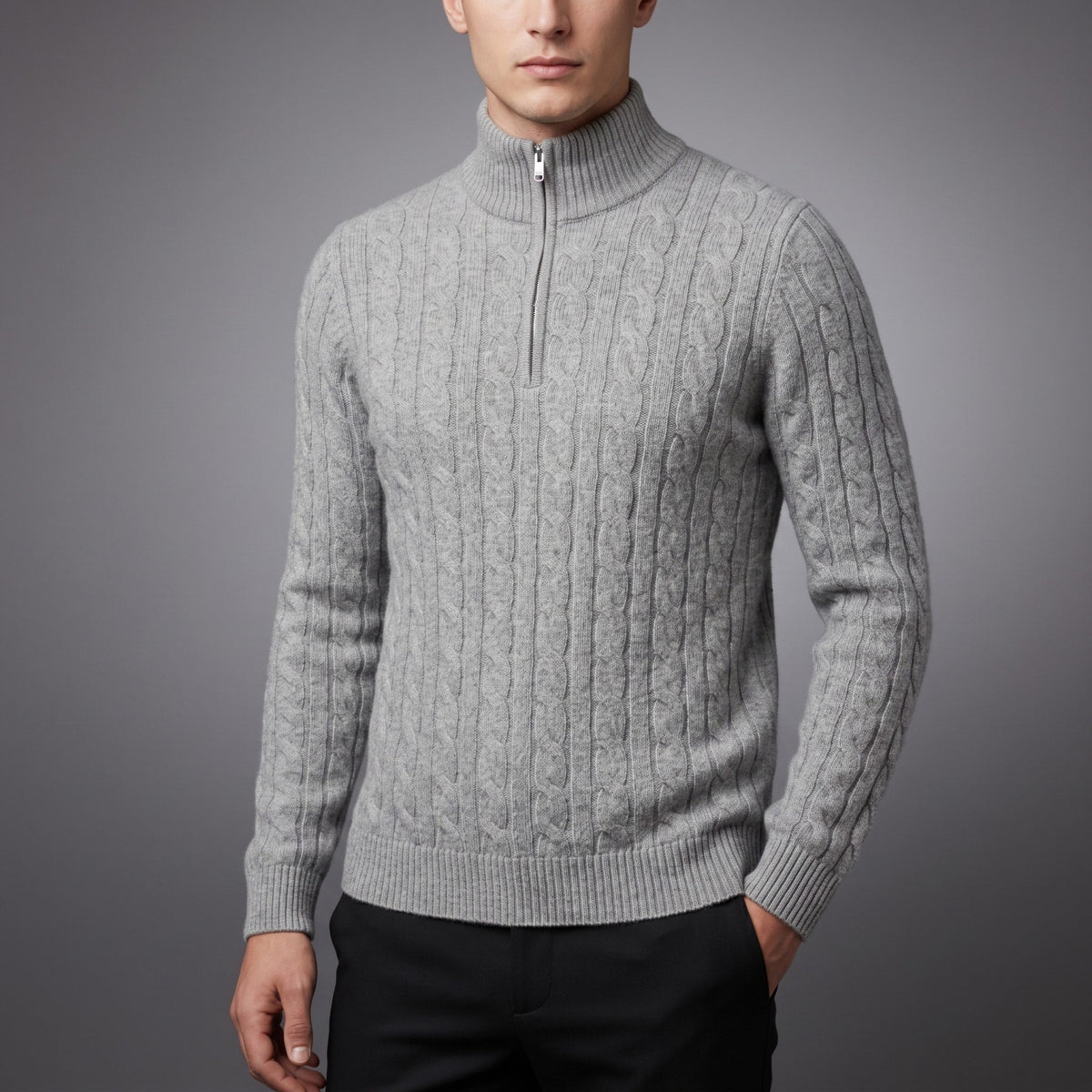 Oliver - Men's Cable Knit Quarter Zip Sweater with Ribbed Collar - Sweaters - Navy Blue - Sarvento