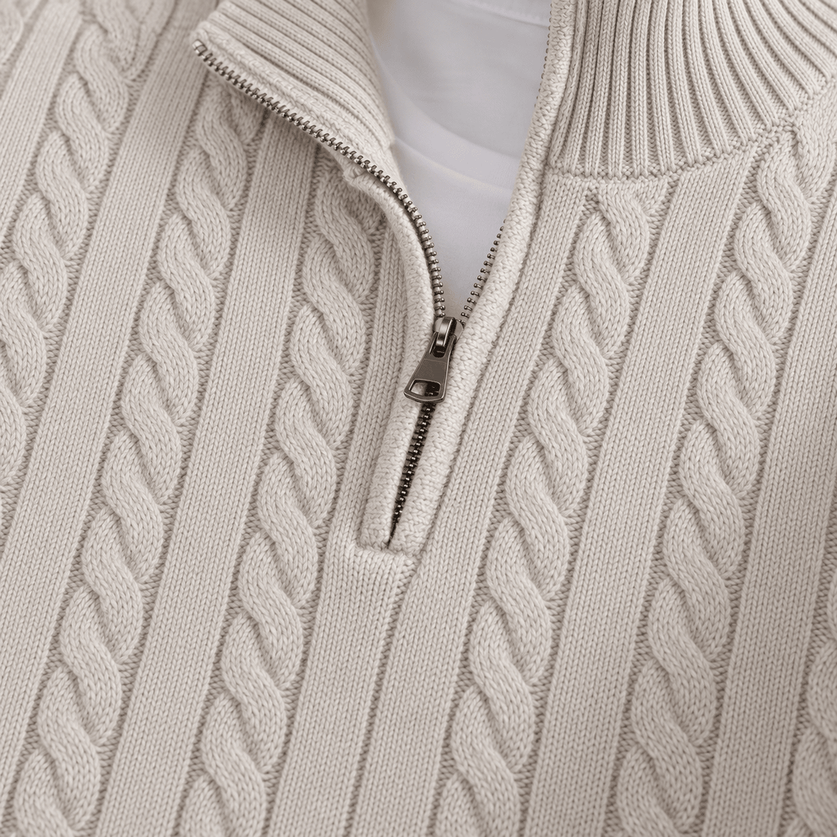 Oliver - Men's Cable Knit Quarter Zip Sweater with Ribbed Collar - Sweaters - Beige - Sarvento