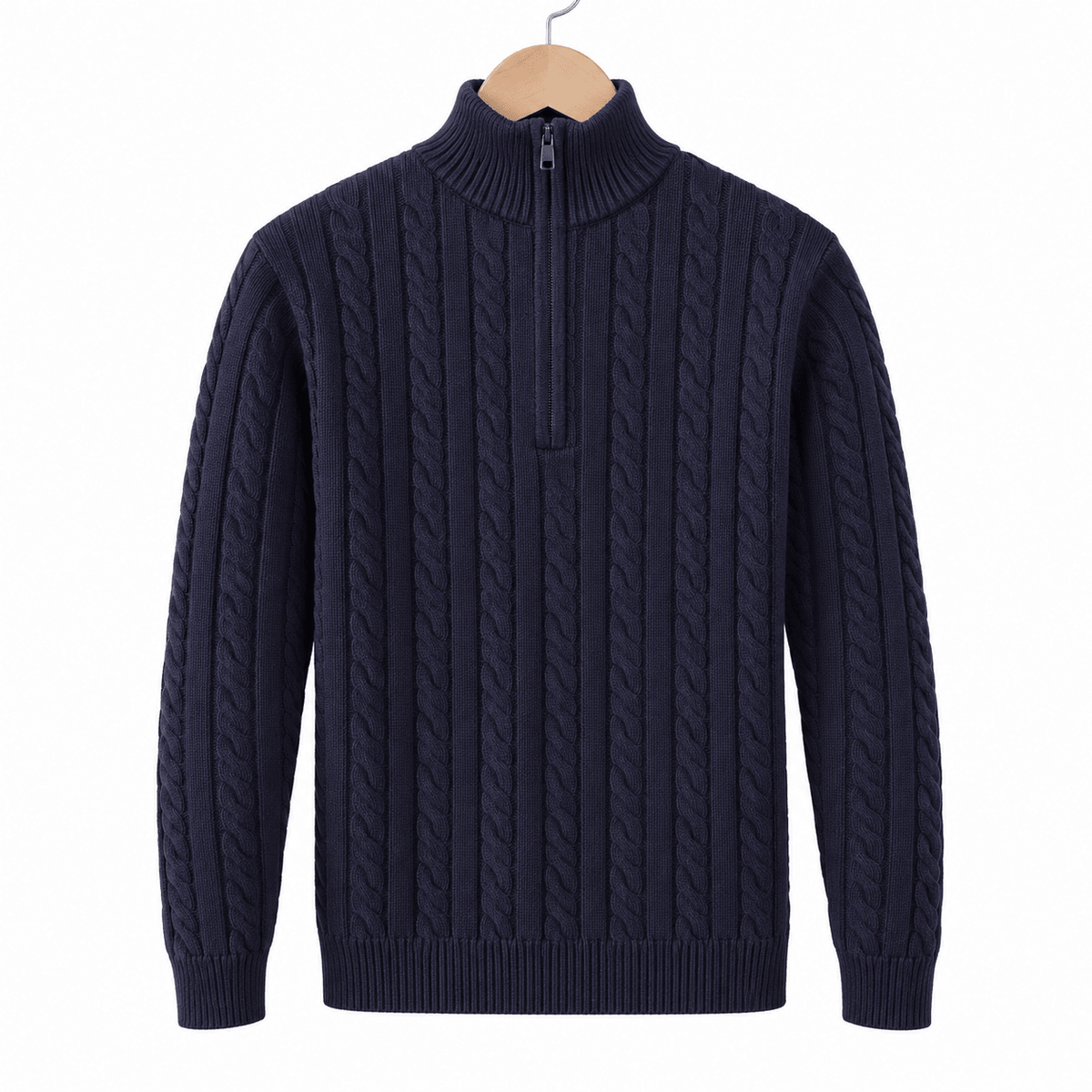 Oliver - Men's Cable Knit Quarter Zip Sweater with Ribbed Collar - Sweaters - Navy Blue - Sarvento