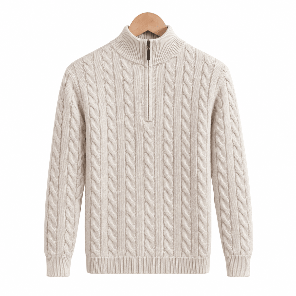 Oliver - Men's Cable Knit Quarter Zip Sweater with Ribbed Collar - Sweaters - Beige - Sarvento