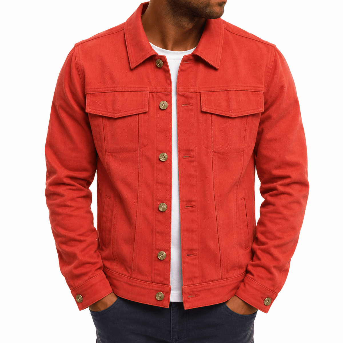 Oliver - Men's Classic Collared Button-Front Trucker Jacket with Chest Pockets - Coats & Jackets - Red - Sarvento