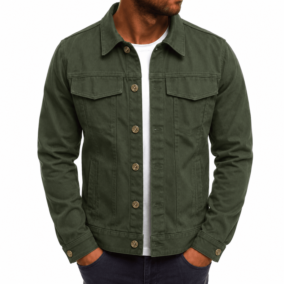 Oliver - Men's Classic Collared Button-Front Trucker Jacket with Chest Pockets - Coats & Jackets - Green - Sarvento