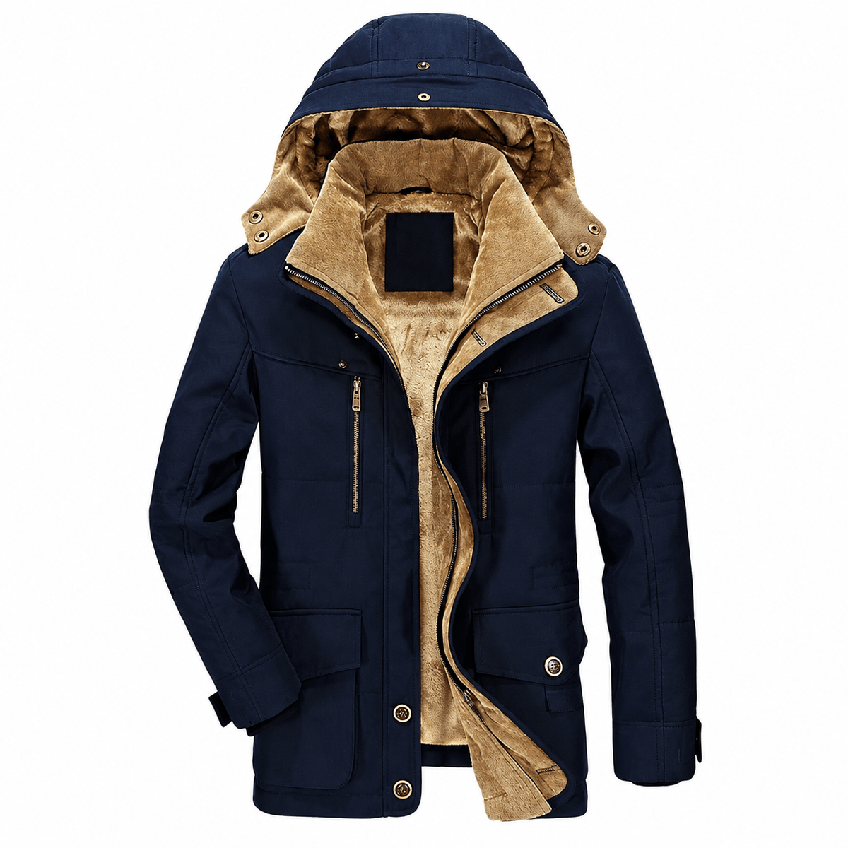 Oliver - Men's Hooded Faux Fur Lined Parka Jacket with Multi-Zip Pockets - Parka Jackets - Navy - Sarvento