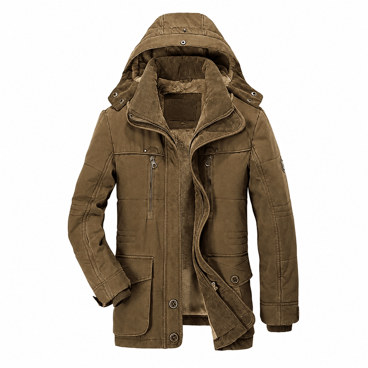 Oliver - Men's Hooded Faux Fur Lined Parka Jacket with Multi-Zip Pockets - Parka Jackets - Brown - Sarvento