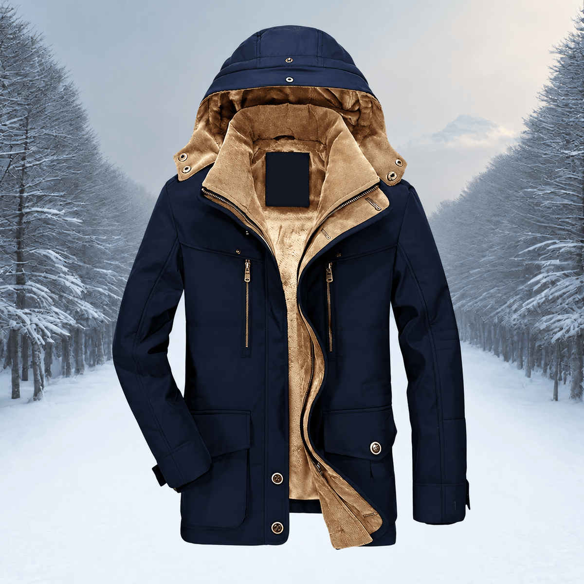 Oliver - Men's Hooded Faux Fur Lined Parka Jacket with Multi-Zip Pockets - Parka Jackets - Navy - Sarvento