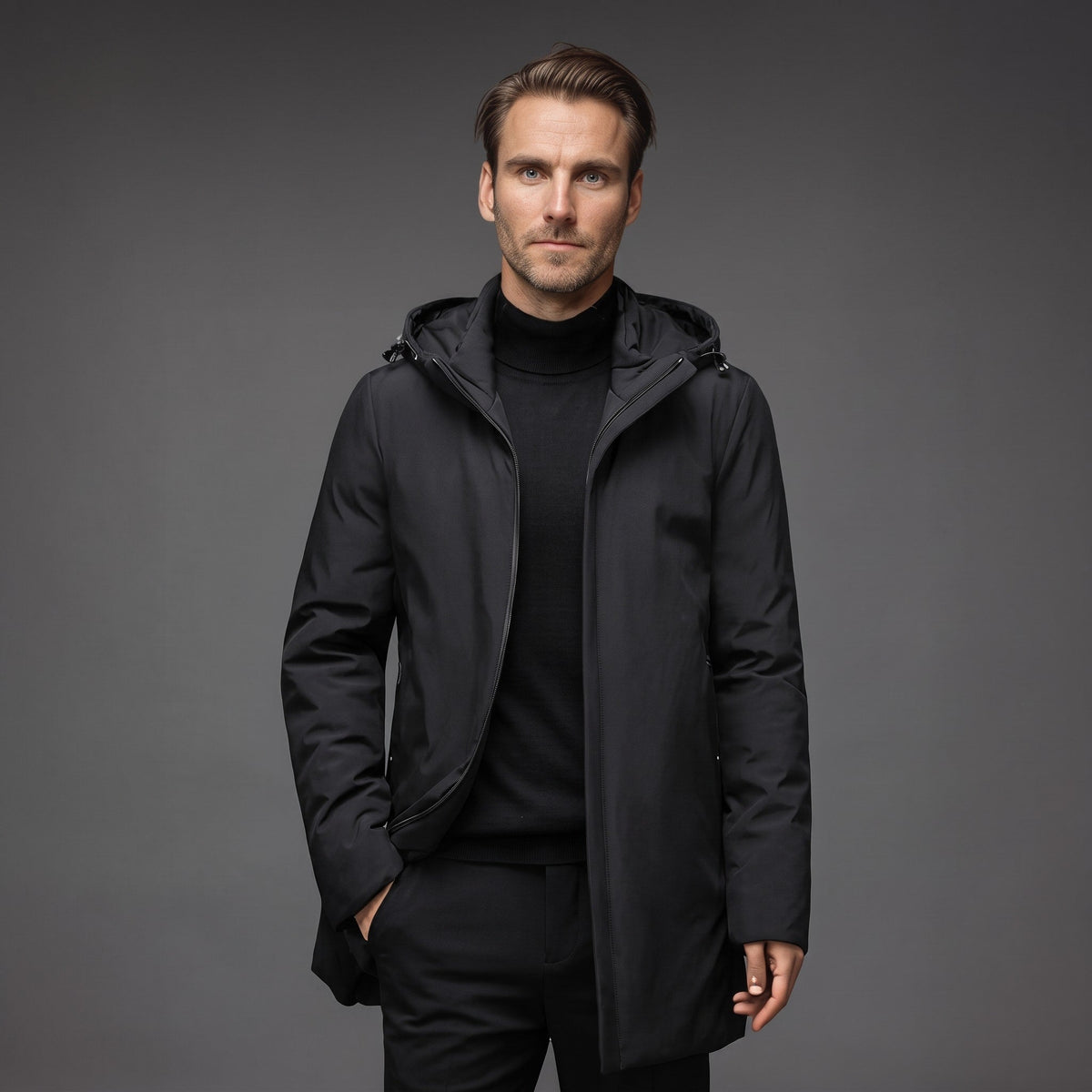 Oliver - Men's Hooded Longline Parka Jacket with Zip Pockets - Parkas - Black - Sarvento
