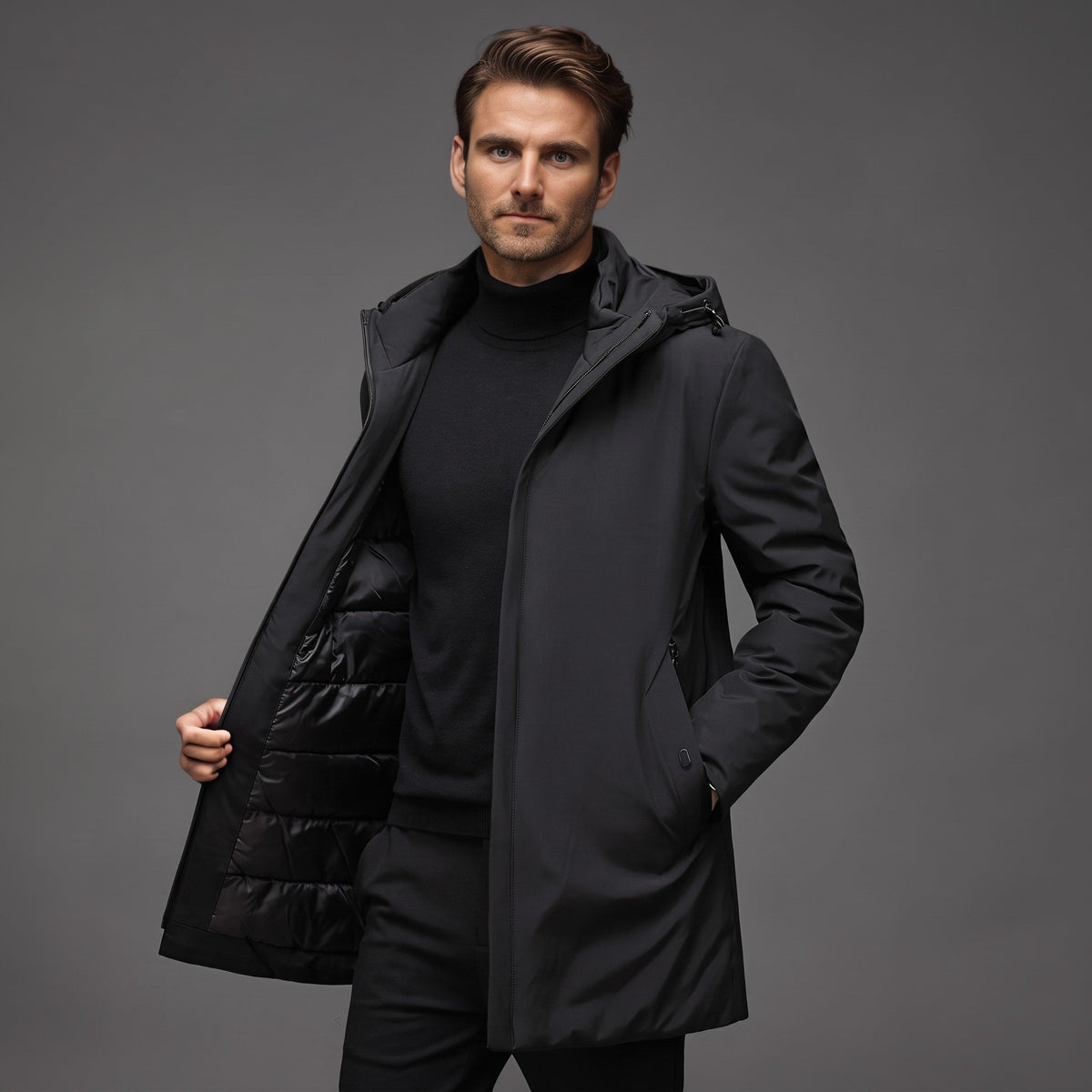 Oliver - Men's Hooded Longline Parka Jacket with Zip Pockets - Parkas - Black - Sarvento