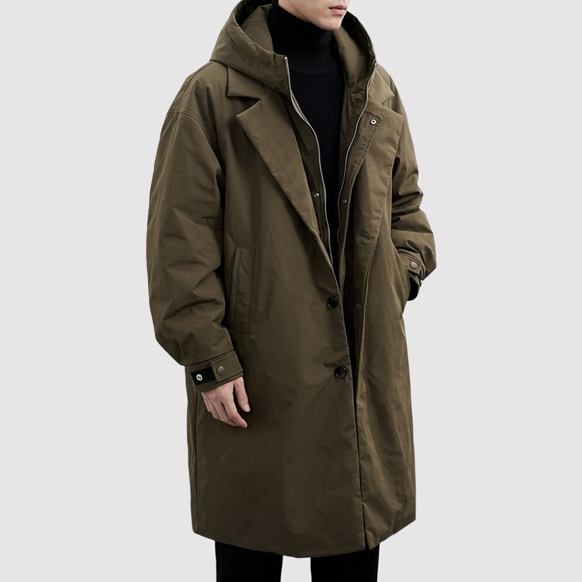 Oliver - Men's Hooded Longline Zip-Up Trench Coat with Notch Lapel - Trench Coats - Green - Sarvento