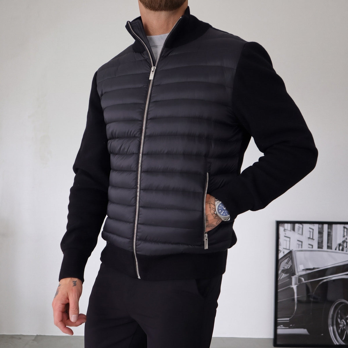 Oliver - Men's Knitted Sleeves Quilted Puffer Jacket - Puffer Jackets - Black - Sarvento