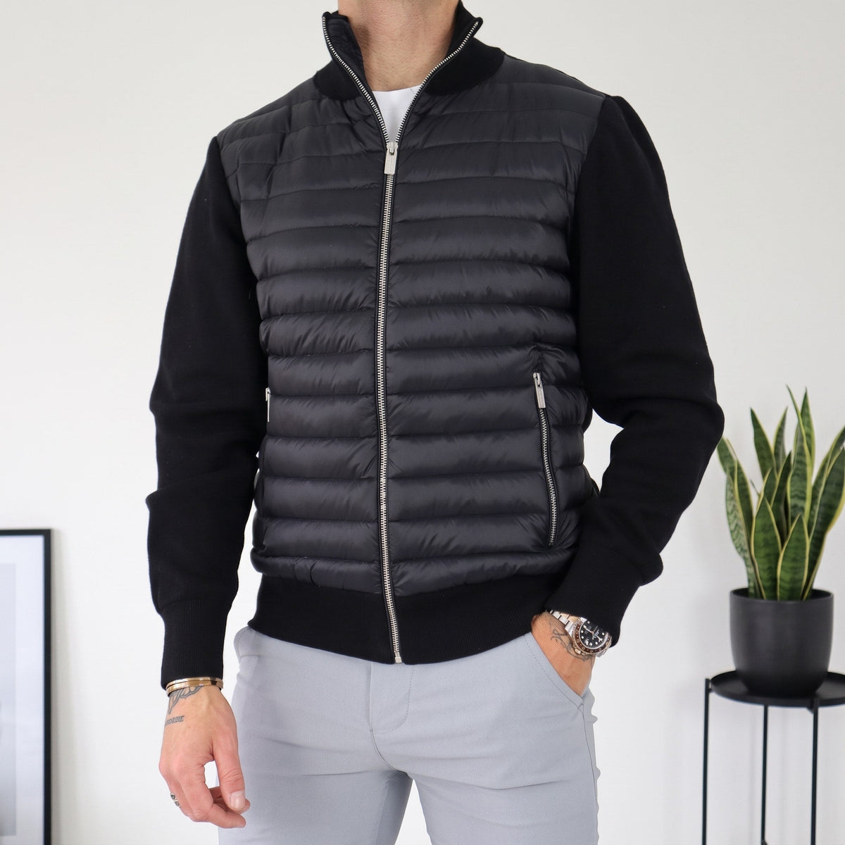 Oliver - Men's Knitted Sleeves Quilted Puffer Jacket - Puffer Jackets - Navy Blue - Sarvento