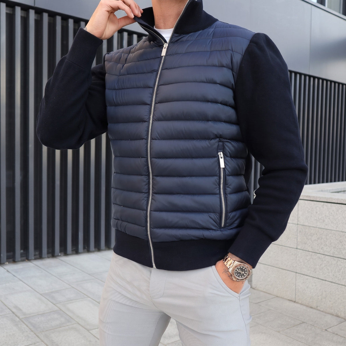 Oliver - Men's Knitted Sleeves Quilted Puffer Jacket - Puffer Jackets - Gray - Sarvento
