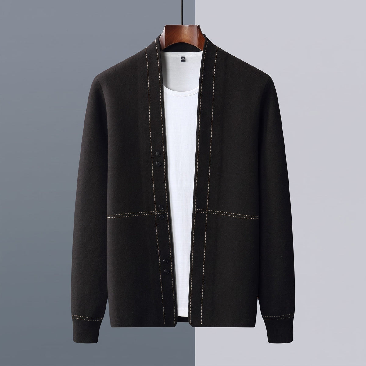 Oliver - Men's Lightweight Open Front Contrast Stitch Knitted Cardigan - Cardigans - Black - Sarvento