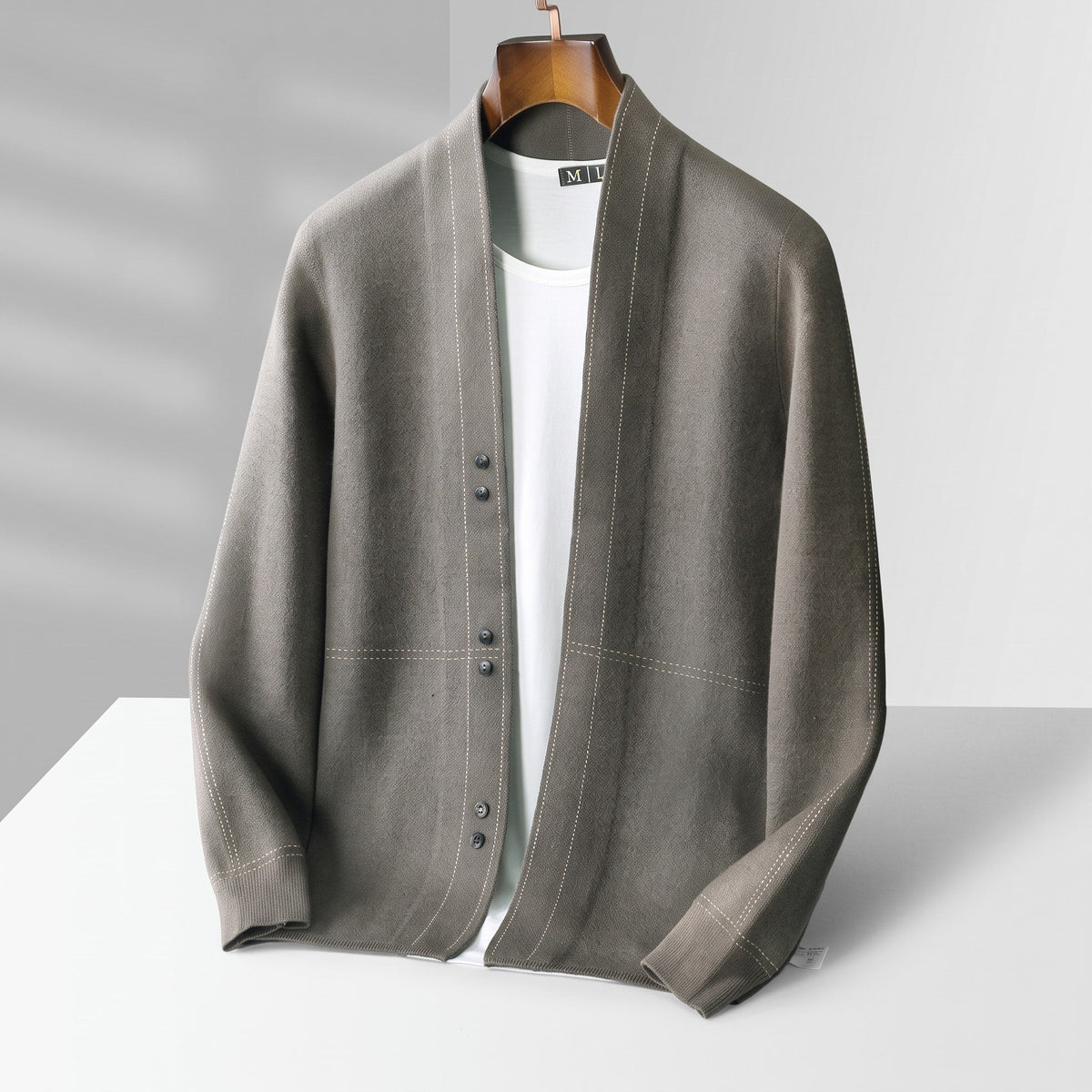 Oliver - Men's Lightweight Open Front Contrast Stitch Knitted Cardigan - Cardigans - Gray - Sarvento