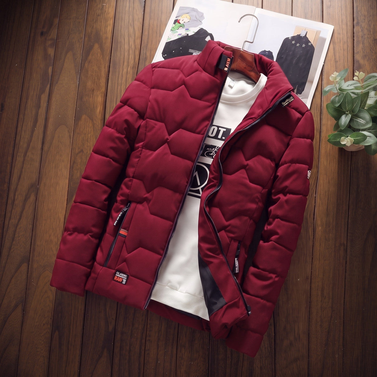 Oliver - Men's Quilted Puffer Jacket with Stand Collar and Zip Pockets - Puffer Jacket - Red - Sarvento