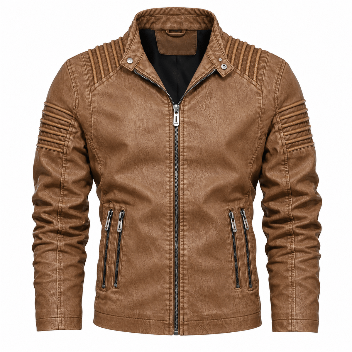 Oliver - Men's Quilted Shoulder Biker Jacket with Zip Pockets - Motorcycle Outerwear - Brown - Sarvento