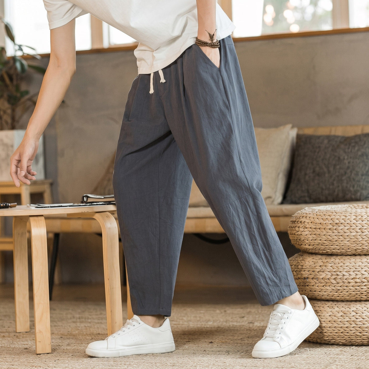 Oliver - Men's Relaxed Fit Elastic Waist Ankle-Length Trousers - Trousers - Dark Gray - Sarvento