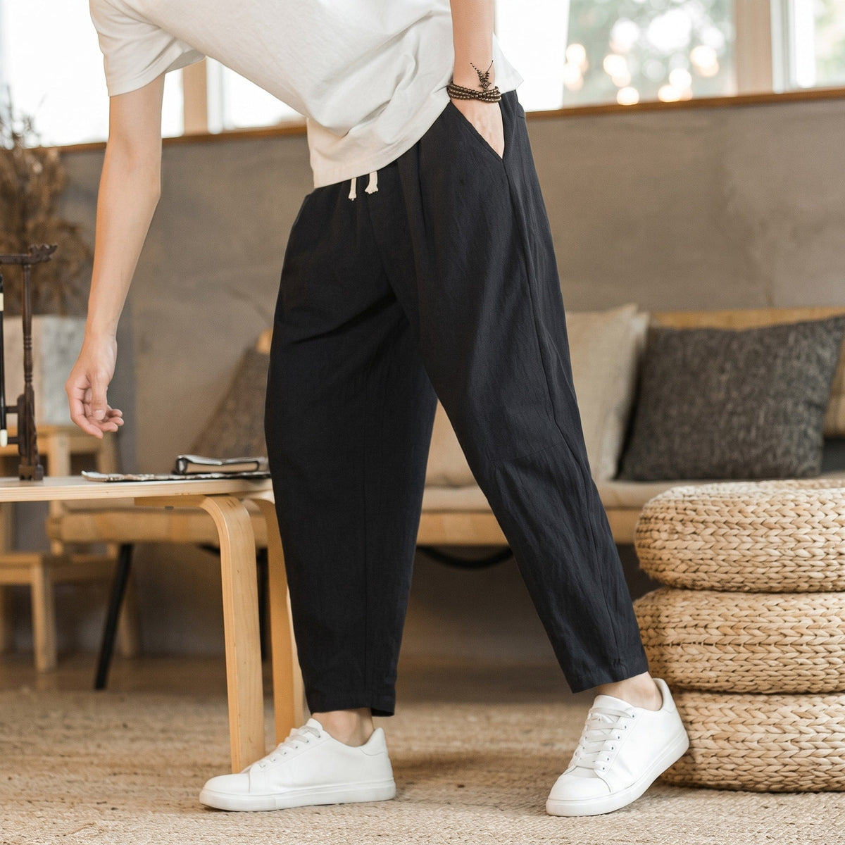 Oliver - Men's Relaxed Fit Elastic Waist Ankle-Length Trousers - Trousers - Black - Sarvento