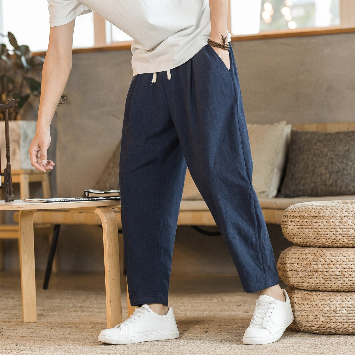 Oliver - Men's Relaxed Fit Elastic Waist Ankle-Length Trousers - Trousers - Dark Blue - Sarvento