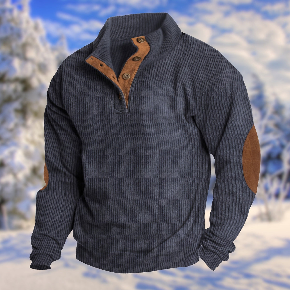 Oliver – Men’s Ribbed Henley Sweater with Button Placket and Elbow Patches - Sweater - Blue - Sarvento