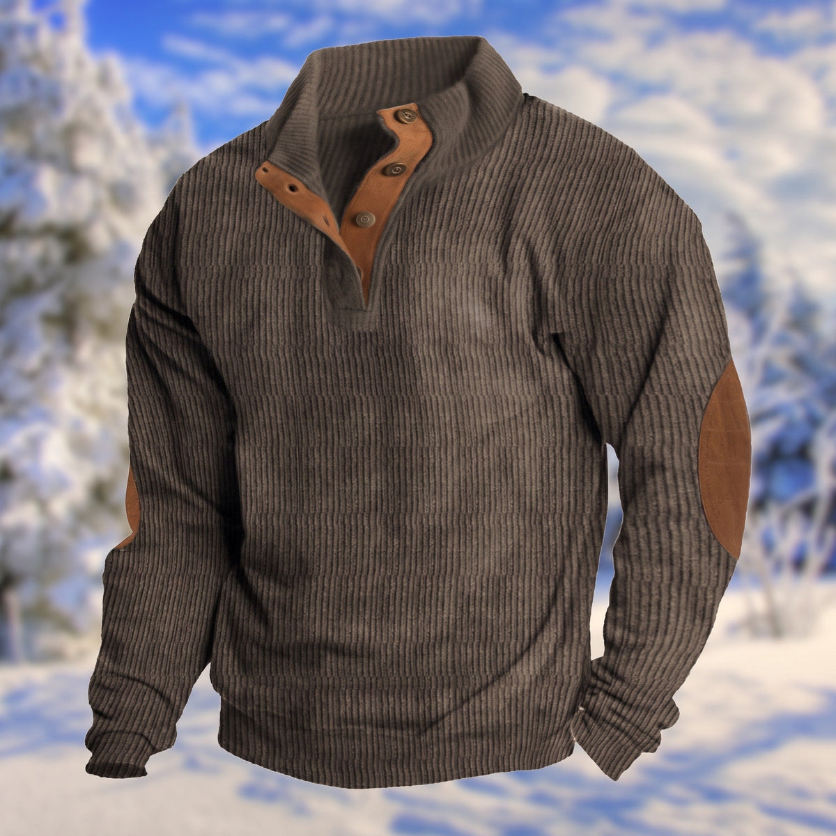 Oliver – Men’s Ribbed Henley Sweater with Button Placket and Elbow Patches - Sweater - Dark Brown - Sarvento