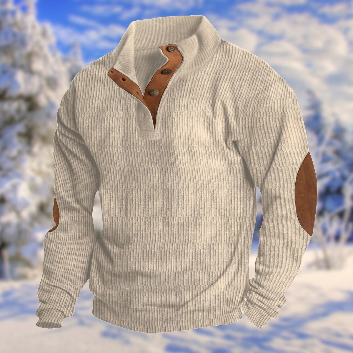Oliver – Men’s Ribbed Henley Sweater with Button Placket and Elbow Patches - Sweater - Beige - Sarvento