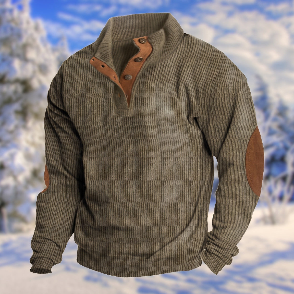 Oliver – Men’s Ribbed Henley Sweater with Button Placket and Elbow Patches - Sweater - Dark Gray - Sarvento