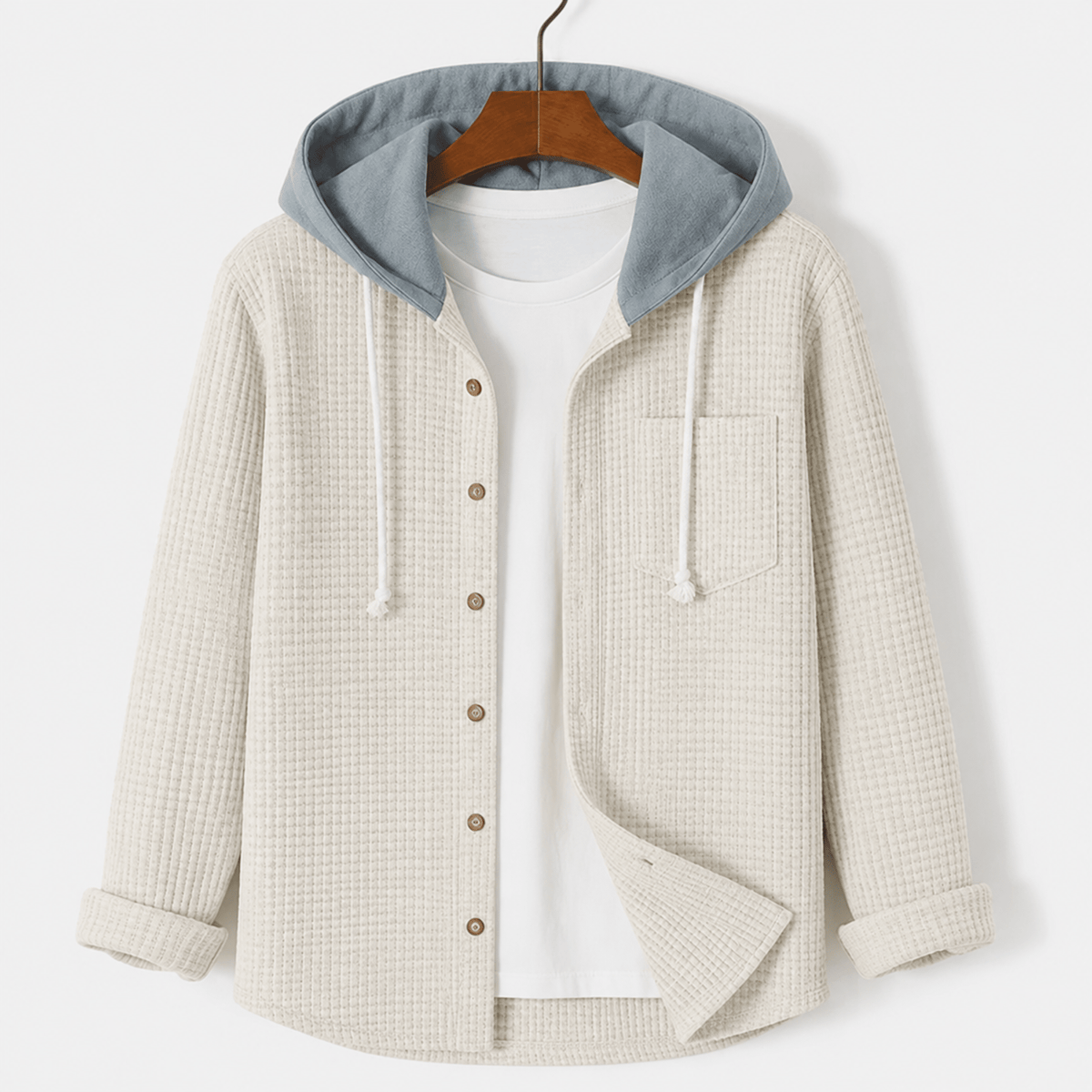 Oliver - Men's Ribbed Hooded Jacket with Button-Up Front - Hoodies - Beige - Parker&Brooks