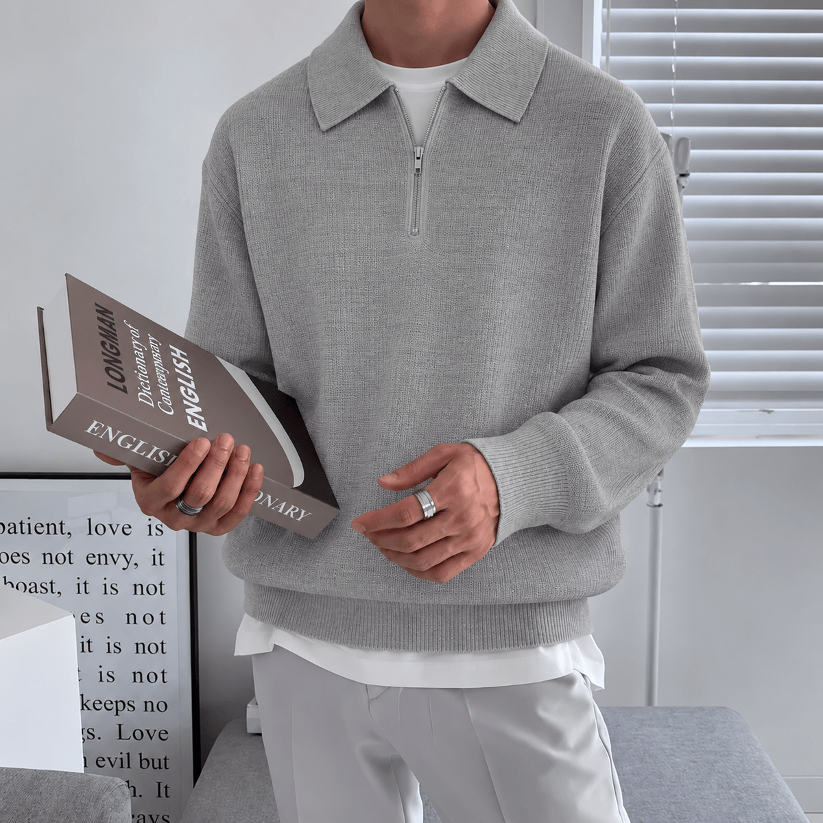 Oliver – Men’s Ribbed Quarter-Zip Polo Sweater - Sweaters - Gray - Sarvento