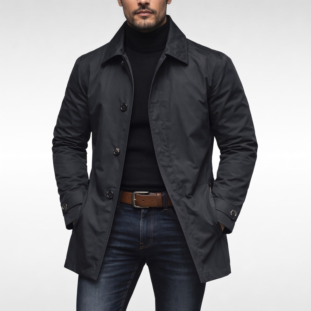 Oliver - Men's Single-Breasted Mac Coat with Classic Collar and Buttoned Cuffs - Coats & Jackets - Gray - Sarvento